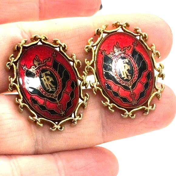 Vintage Swank Cufflinks Statement Ovals gold red & black 3rd French Coat of Arms - Picture 5 of 7